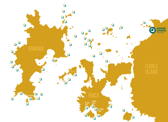 Map of the best dive sites in Komodo National Park across north, south and near Labuan Bajo