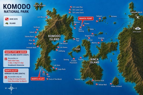 Map of Komodo National Park highlighting Manta Point Komodo and Manta Alley locations for manta diving liveaboard Komodo cruises