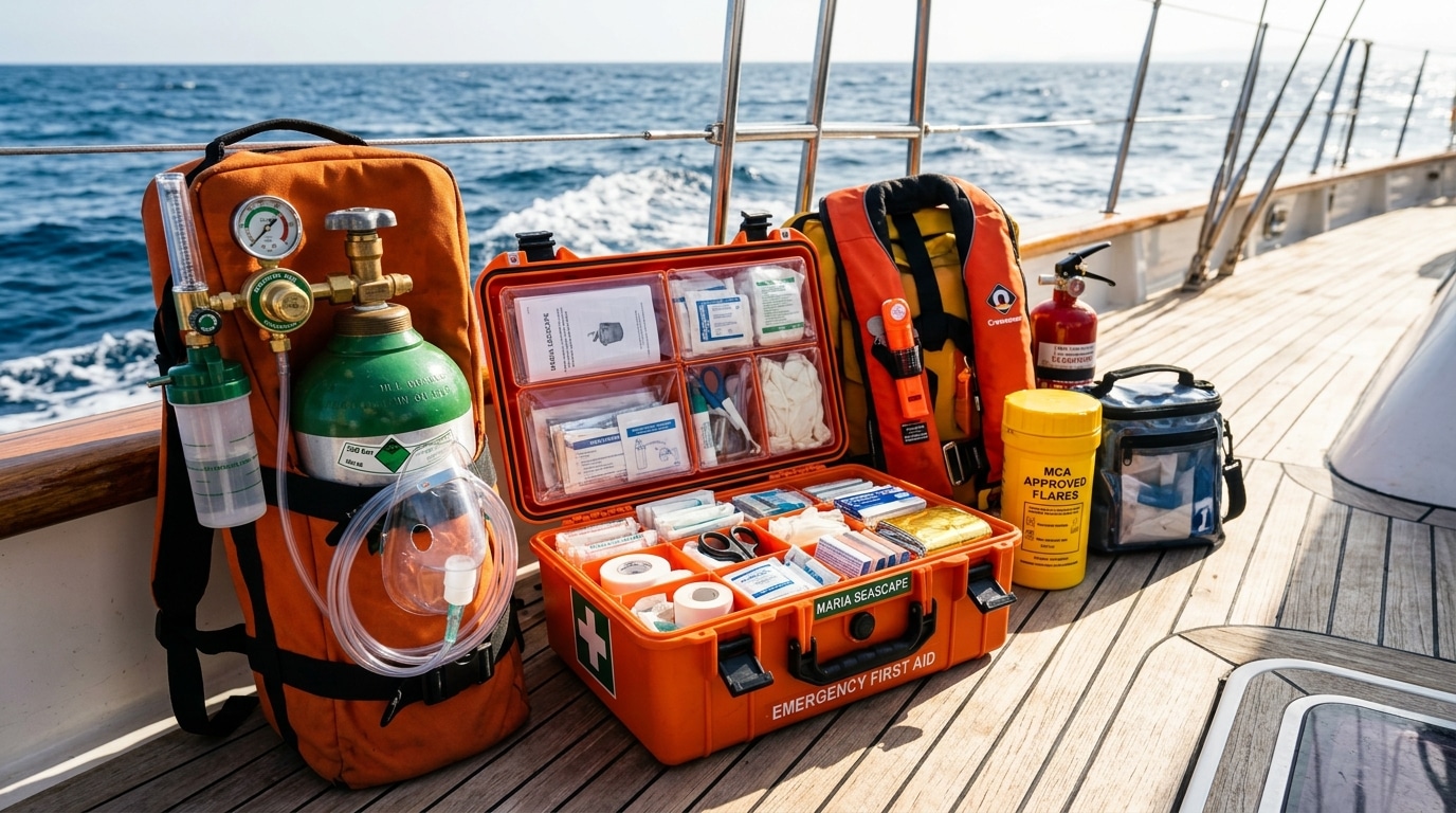 Emergency oxygen kit and first aid equipment on Maria Seascape dive deck, ready for use
