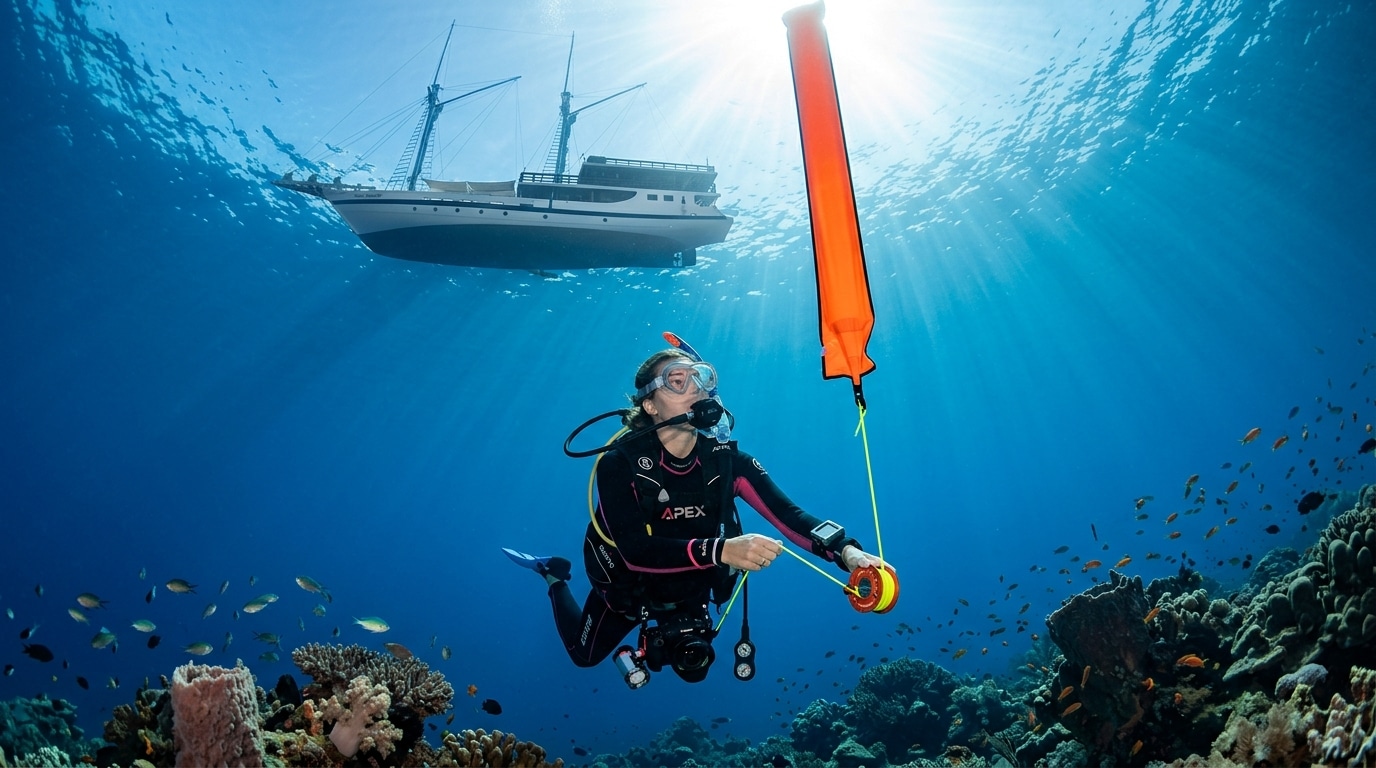 Diver deploying SMB (surface marker buoy) at end of dive, Komodo National Park, Maria Seascape visible at surface